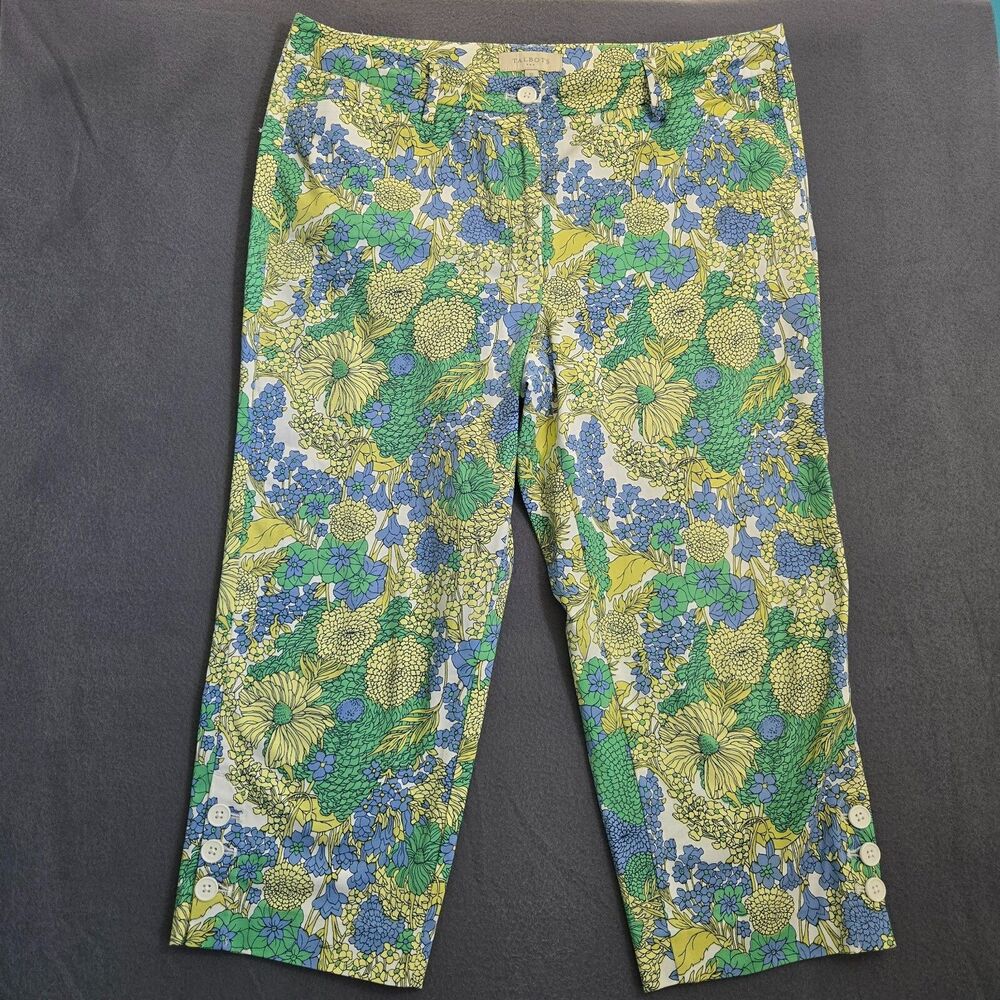 Talbots Women 12 Blue Green Floral High Rise Perfect Crop Button Ankle Pants